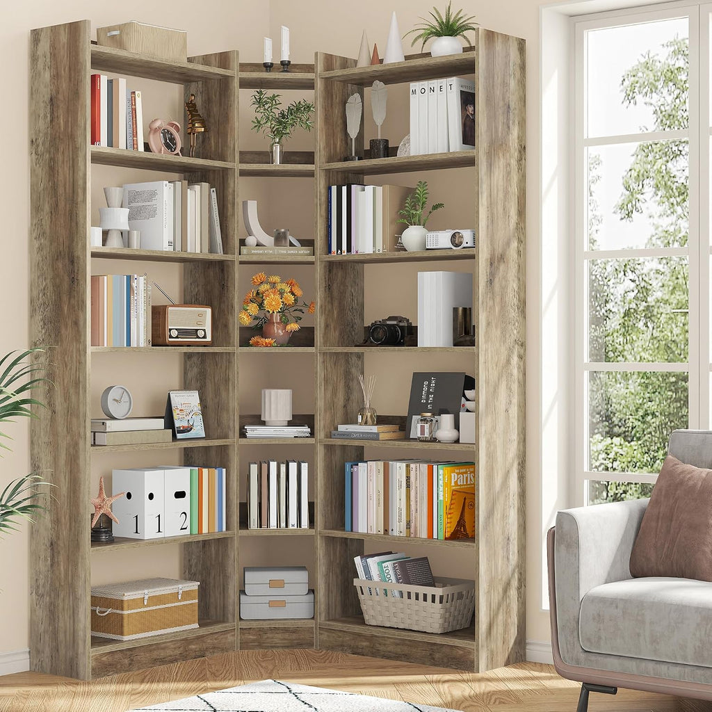 Nosepen 70.8' Tall Corner Bookshelf and Bookcases, 7 Tiers Morden Large Etagere Bookcases Storage Display Rack with Baffle, Industrial L-Shaped Bookshelves for Bedroom, Home Office, Living Room, Brown