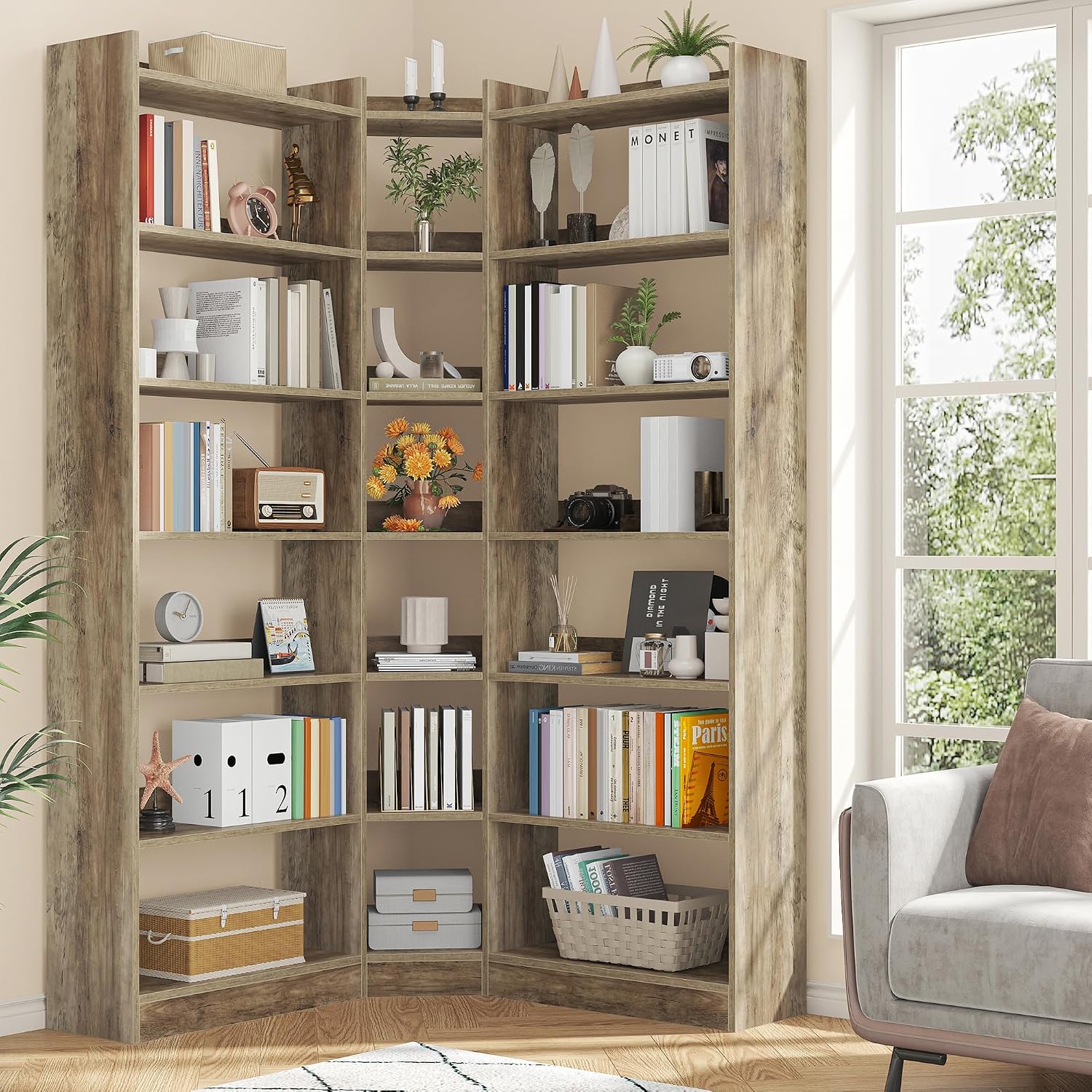 Nosepen 70.8' Tall Corner Bookshelf and Bookcases, 7 Tiers Morden Large Etagere Bookcases Storage Display Rack with Baffle, Industrial L-Shaped Bookshelves for Bedroom, Home Office, Living Room, Brown