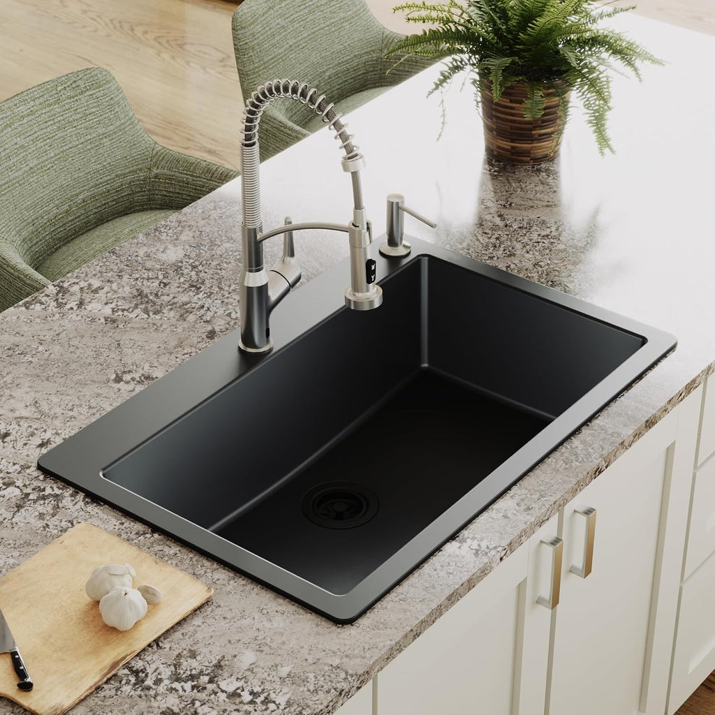 Karran 33' Drop-In Top Mount Quartz Composite Single Bowl Kitchen Sink in Black – Extra Deep 9' Basin, Heat Resistant, Sound Dampening, Easy Clean Surface