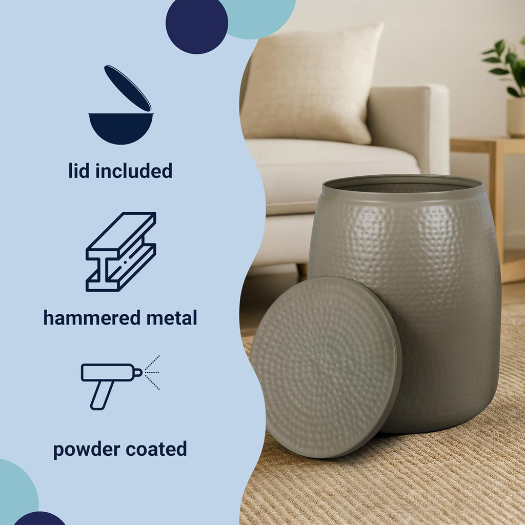happimess SSL2000D Merida 19' Modern Rustic Hammered Metal Drum Storage Side Table with Lid, End Table for Decoration in Living Room, Bedroom, Bathroom, Almond