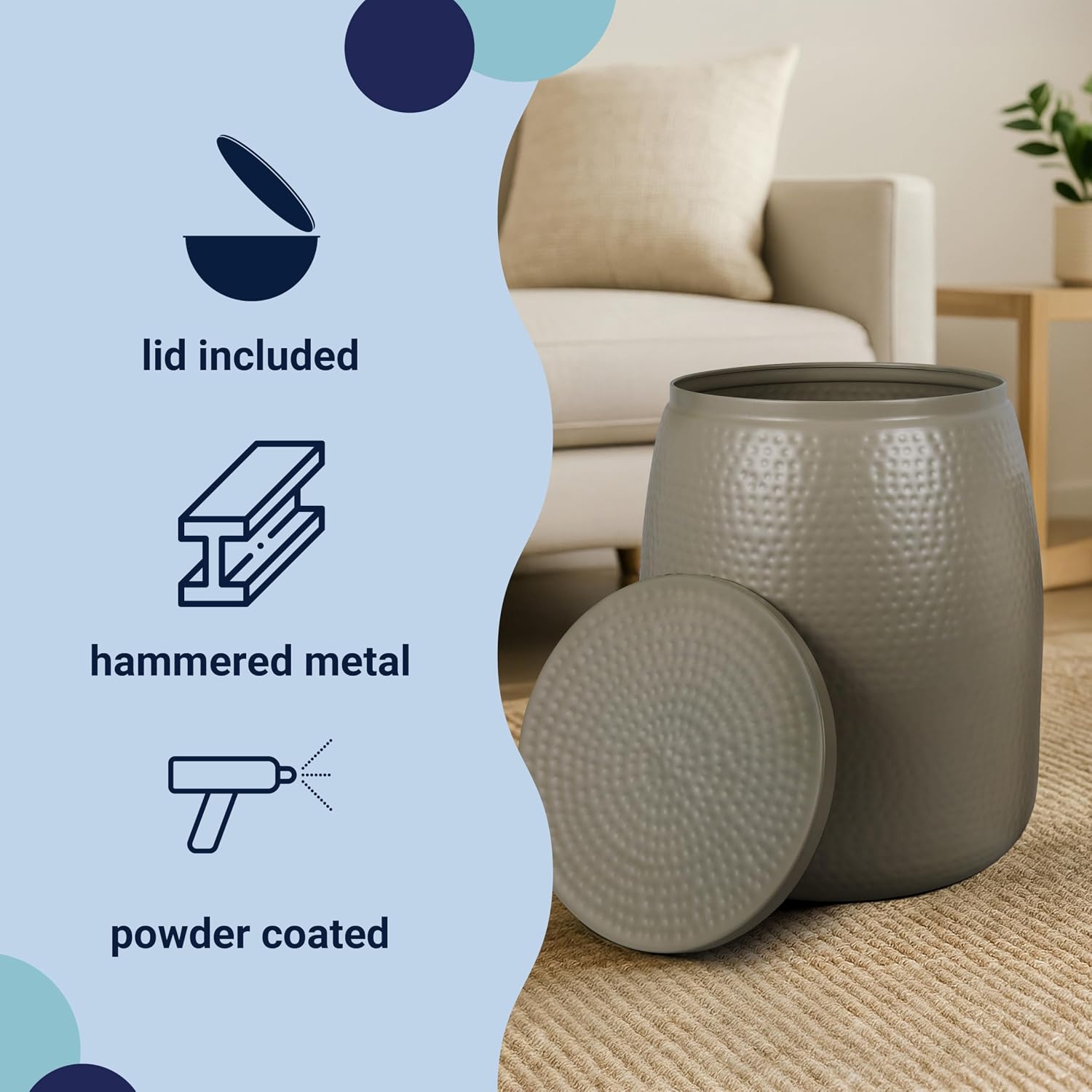 happimess SSL2000D Merida 19' Modern Rustic Hammered Metal Drum Storage Side Table with Lid, End Table for Decoration in Living Room, Bedroom, Bathroom, Almond
