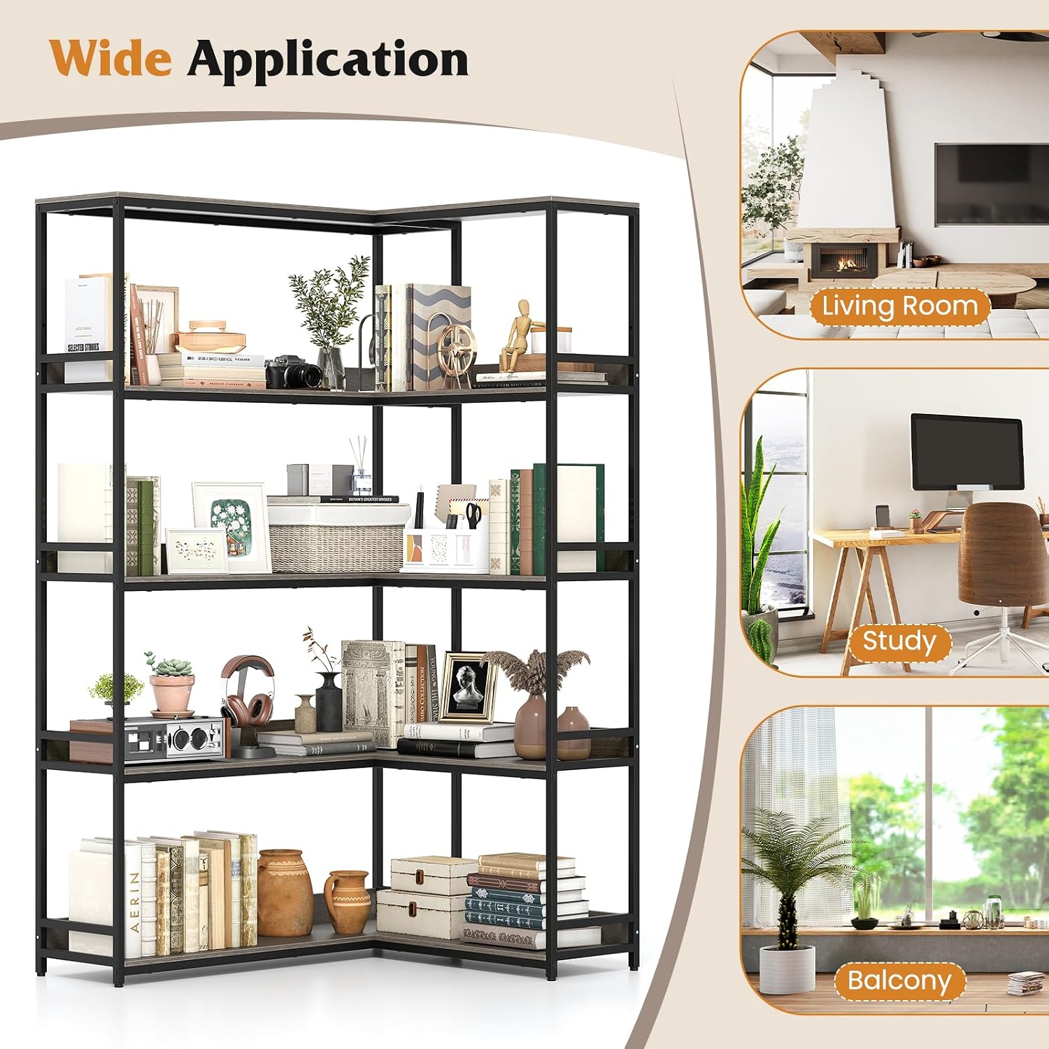 Tangkula Large Corner Bookshelf, 90 Degrees 5-Tier Industrial Wood Open Corner Bookcase for Small Spaces, Heavy-Duty Metal Frame, 71'H L-Shaped Storage Display Rack for Living Room (Oak)