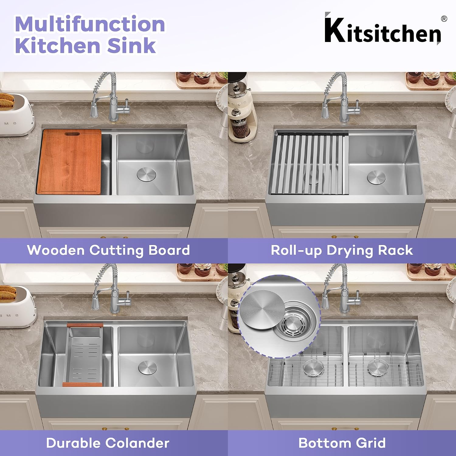 Kitsitchen Double Bowl Farmhouse Kitchen Sink, 16 Gauge 304S Stainless Steel Farm Sinks, 30' x 22' x 10' Large and Deep Workstation Sinks with Accessories,50/50 Double Bowl Feature