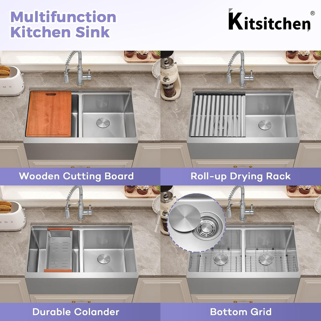 Kitsitchen Double Bowl Farmhouse Kitchen Sink, 16 Gauge 304S Stainless Steel Farm Sinks, 36'X 22' x 10' Large and Deep Workstation Kitchen Sinks with Accessories,50/50 Double Bowl Feature
