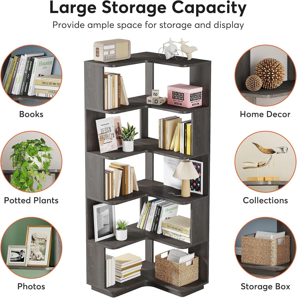 LITTLE TREE 65-Inch Tall Corner Bookshelf, 6-Tier Industrial Corner Bookcase with Side Panels, Freestanding Wood Grain Corner Shelf Display Rack for Home Office, Living Room