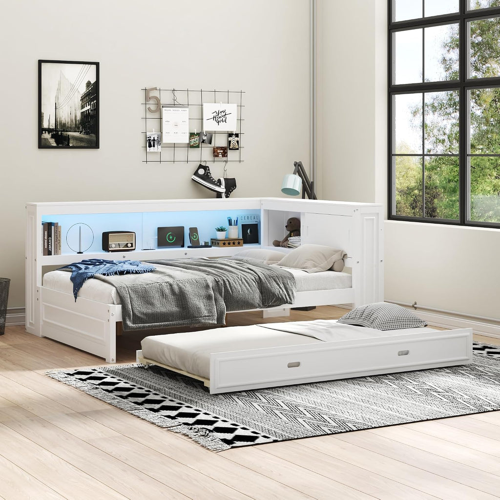 Merax Full Size Wood Daybed with Twin Trundle, L Shaped Wooden Corner Bed Frame with Storage Shelves, USB, Built-in Charging Station, No Box Spring Needed