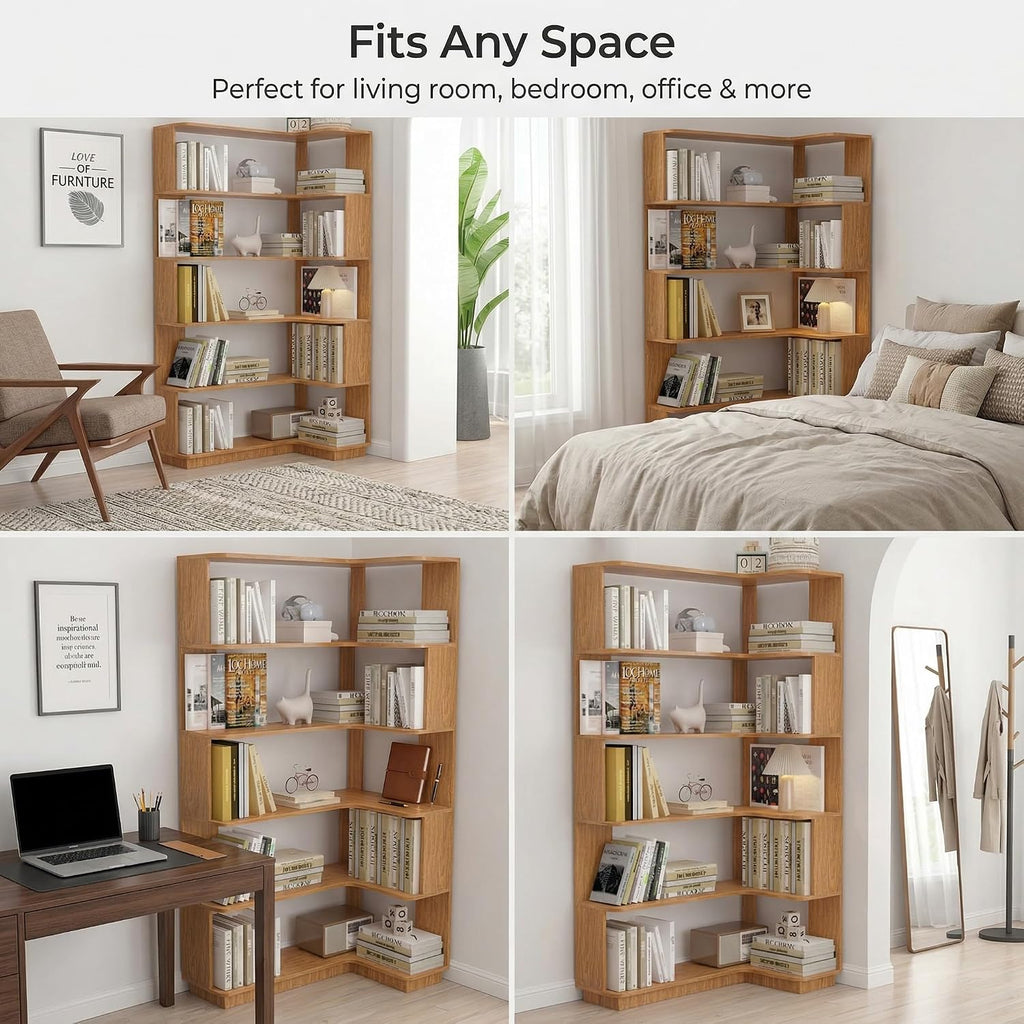 6 Tier Corner Bookshelf, Freestanding L-Shaped Wooden Bookcase with Open Shelves, Anti-Fall Panels and Anti-Tipping Device for Living Room, Home Office (Dark Oak with Left Extension)
