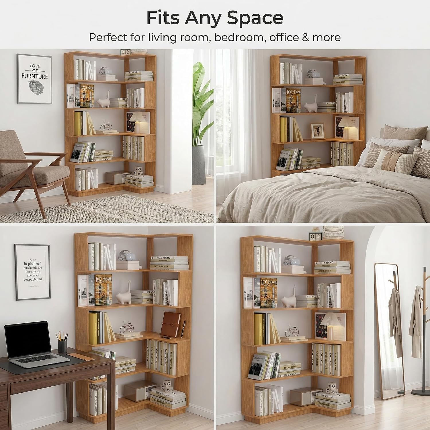 6 Tier Corner Bookshelf, Freestanding L-Shaped Wooden Bookcase with Open Shelves, Anti-Fall Panels and Anti-Tipping Device for Living Room, Home Office (Dark Oak with Left Extension)