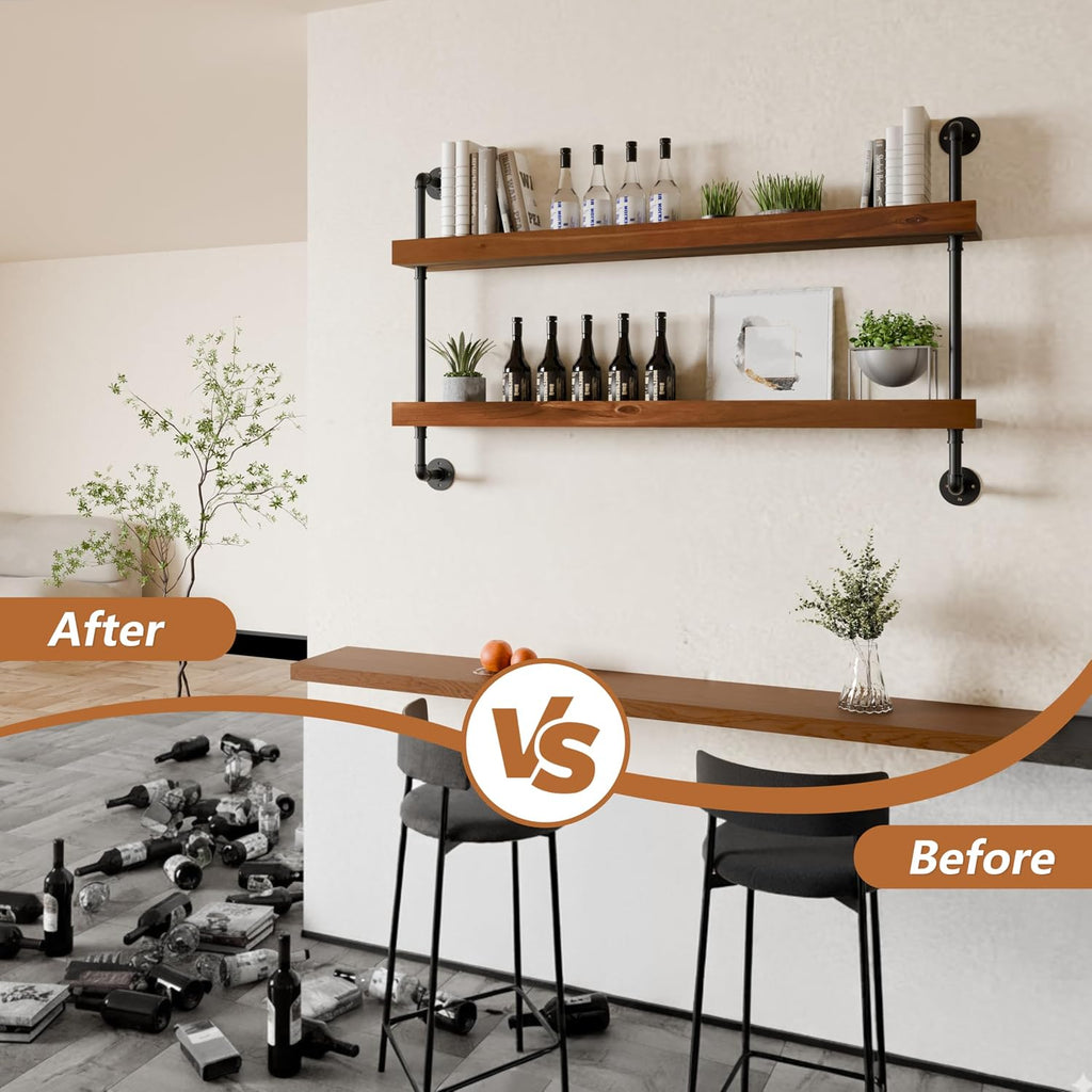 Industrial Wine Rack Wall Mounted, Solid Wood Shelf with Metal Pipe Brackets, 2-Tier Rustic Hanging Organizer for Wine Bottle Storage in Kitchen, Bar, Pub, Cellar(Walnut Brown, 48 Inch)