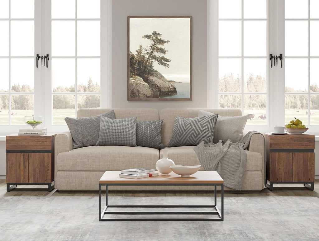 WAMPAT 2 Piece Modern End Table with 1 Drawer & 1 Storage Cabinet, Farmhouse Sofa Table, Wooden Rustic Side Sofa Table with Metal Leg for Living Room, Nighstand for Bedroom, Brown