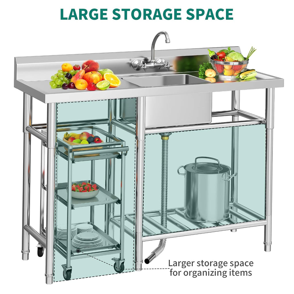YITAHOME Stainless Steel Freestanding Utility Large Sink with 2 Drainboards & Cart Storage Space, Single Bowl NSF Commercial Prep Sink W/Storage Shelf for Restaurant, Laundry, Garage,Outdoor 50in
