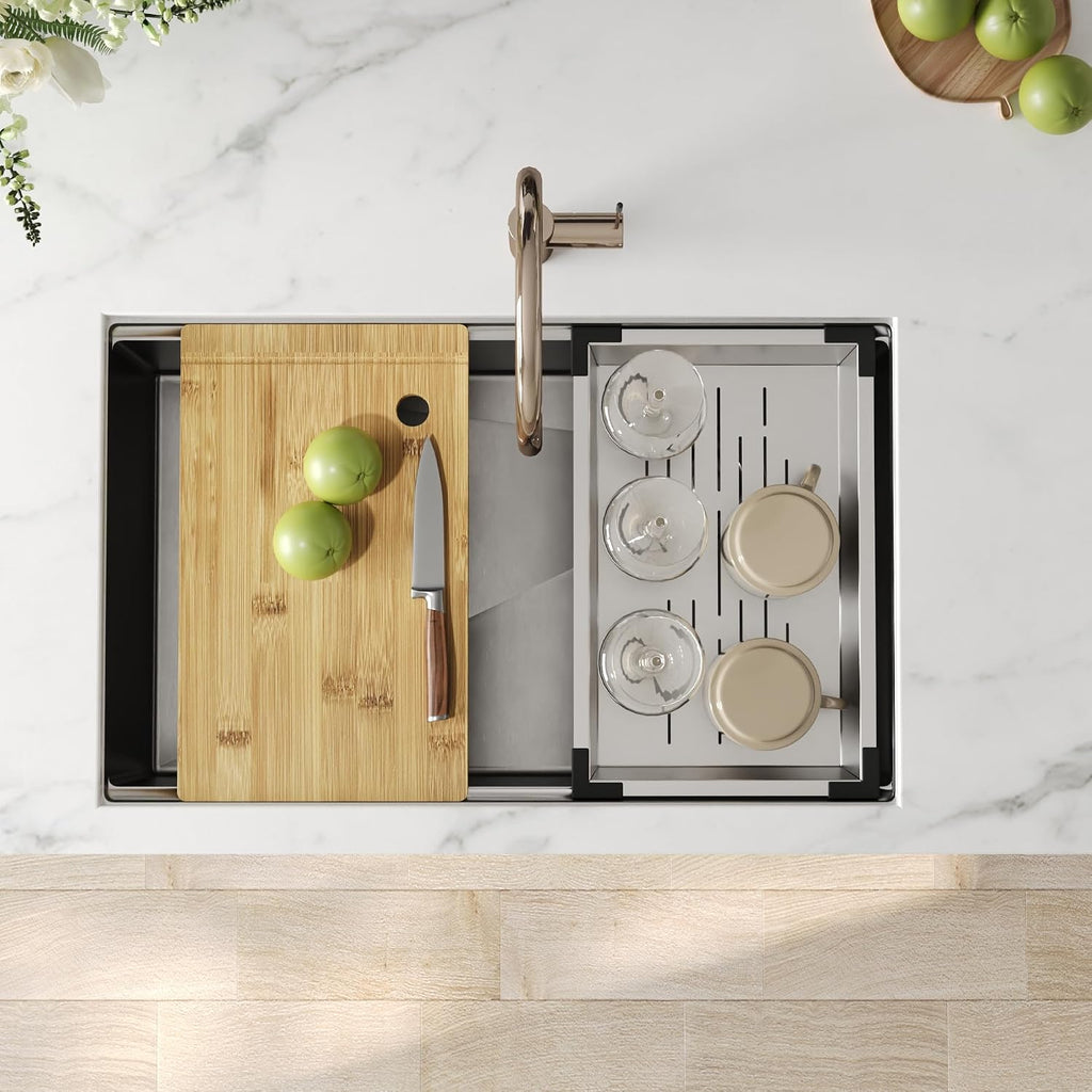 DeerValley Workstation Kitchen Sink 30 Inch, 18 Gauge Stainless Steel Single Bowl Sink, Handmade with Built-In Accessories, Ledge Design & Cutting Board
