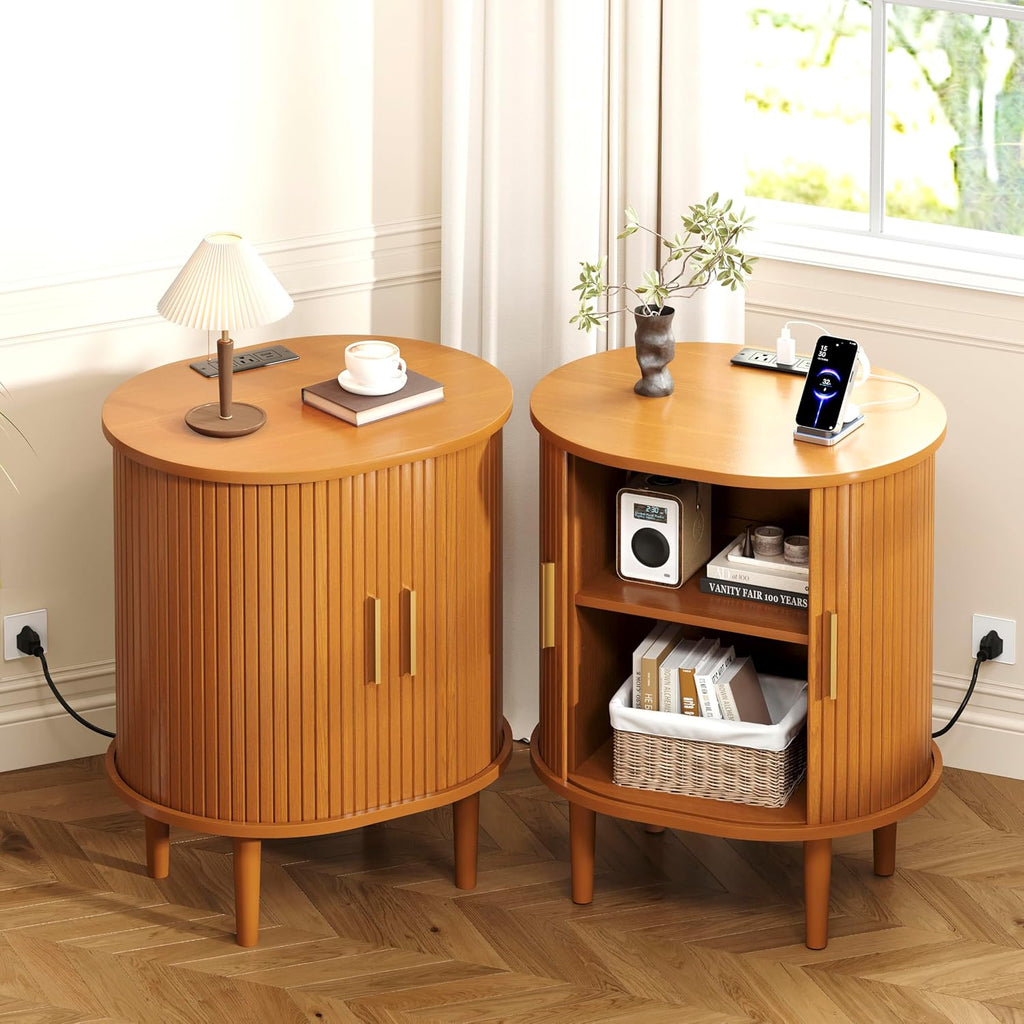DHH Mid Century Modern Nightstand Set of 2 with Charging Station,Fluted Accent Side Table with Sliding Door & Adjustable Shelf,End Table for Small Space, Living Room, Bedroom,Sofa Couch,Yellow Walnut