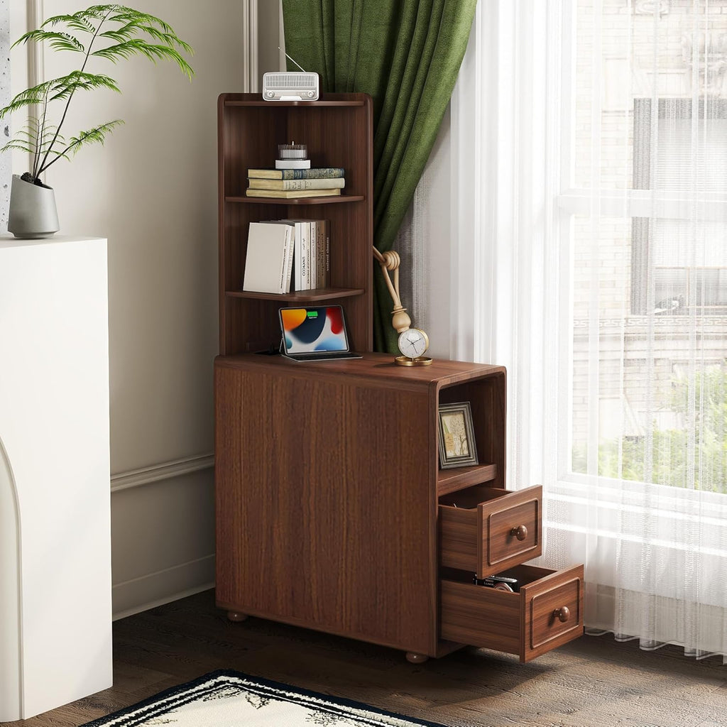 GDFStudio End Table with 2 Drawers & 3 Open Shelves, Corner Side Table with Reversible Top Shelves & Charging Station, 2 USB Ports & AC Outlets, Ideal for Bedroom & Living Room, Walnut Finish