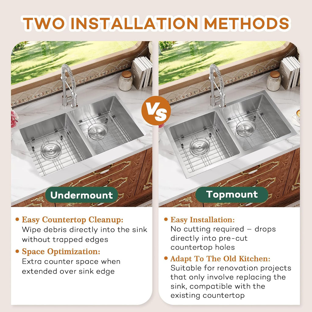 Rhbamoa 27 Inch RV Kitchen Sink,T304 Stainless Steel Kitchen Sinks for RV,50/50 Undermount Double Sink,Outdoor Sinks with Brushed Finish (27'' X 16'' X 7'')