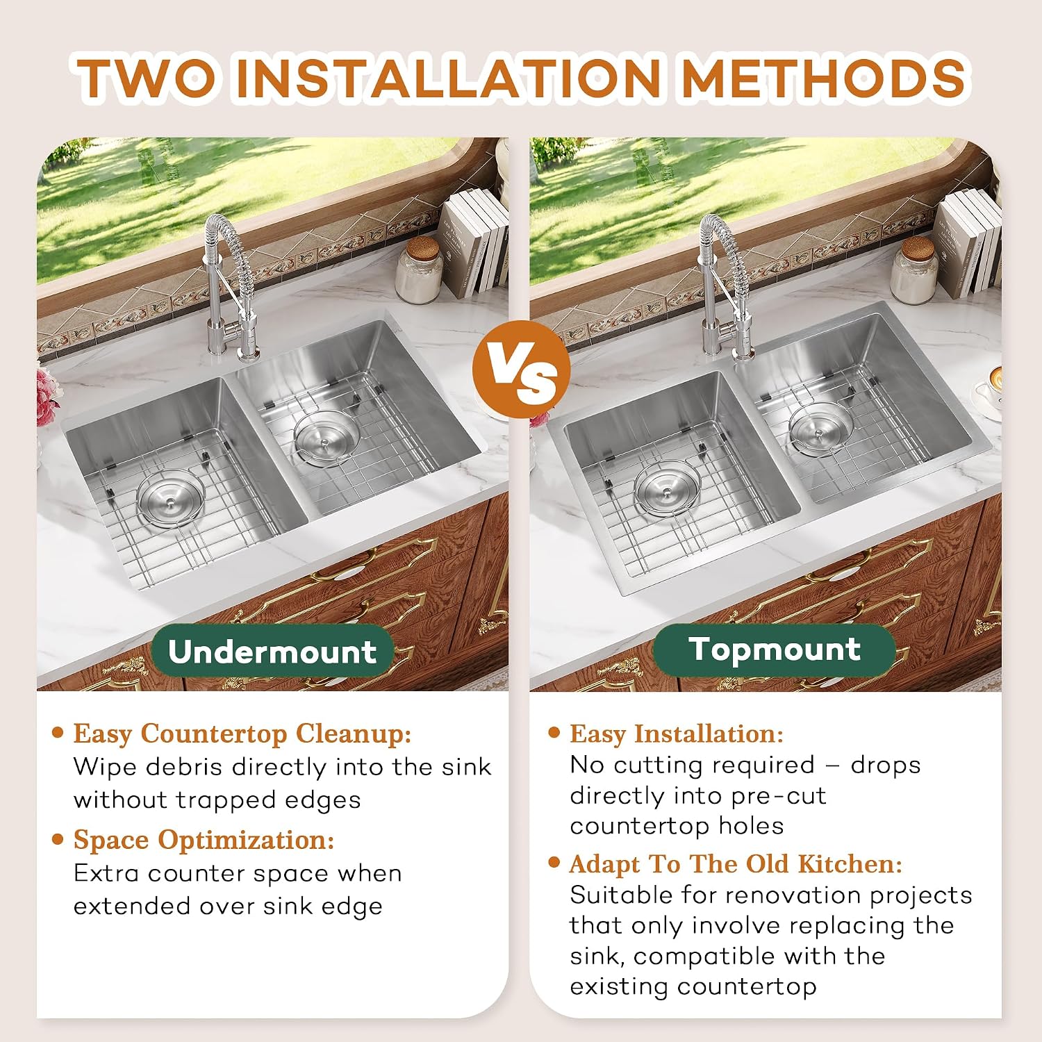 Rhbamoa 27 Inch RV Kitchen Sink,T304 Stainless Steel Kitchen Sinks for RV,50/50 Undermount Double Sink,Outdoor Sinks with Brushed Finish (27'' X 16'' X 7'')