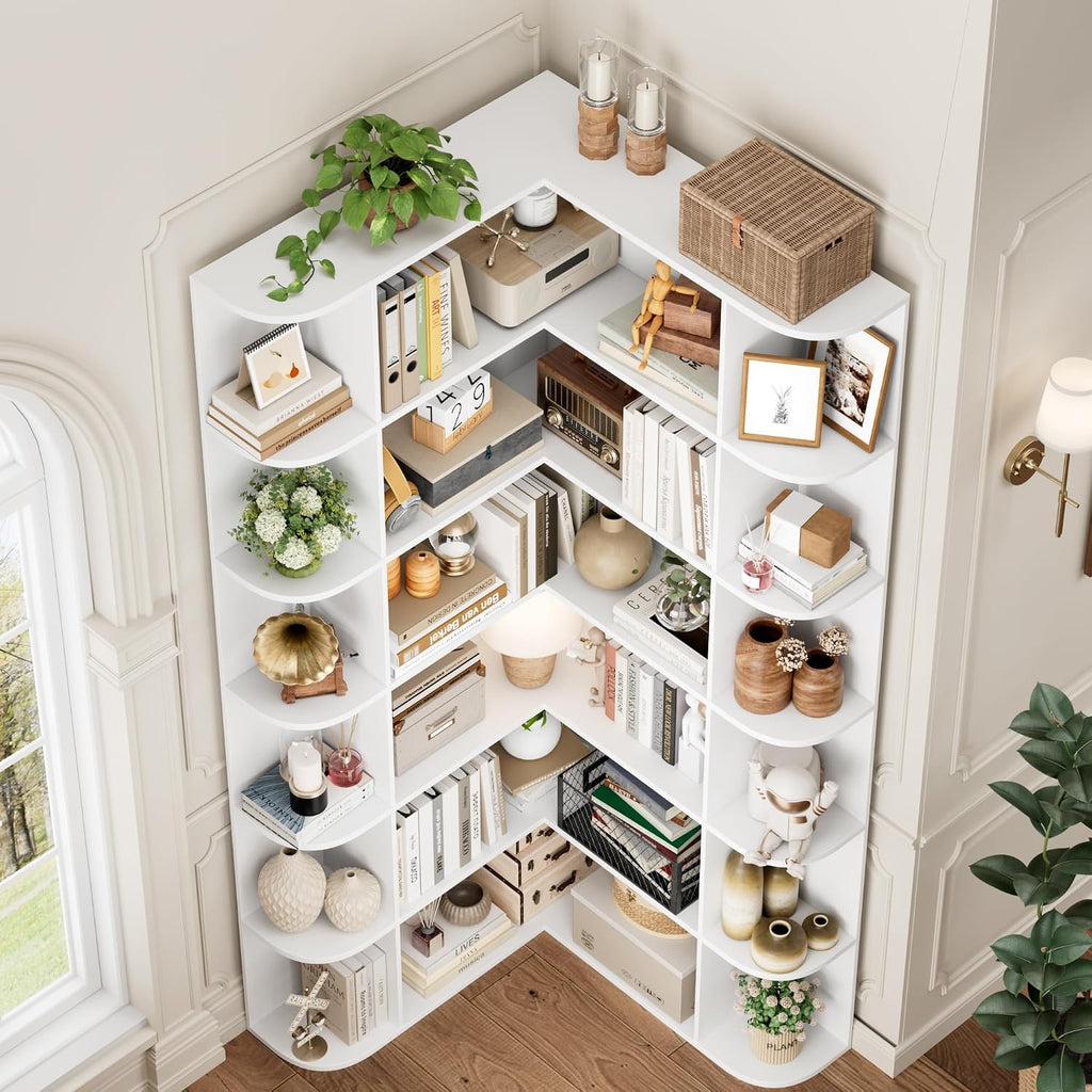 FOTOSOK 72' Tall Corner Bookshelf, 6-Tier Bookshelf and Bookcase with Open Storage, L Shaped Tall Bookcases Wooden Storage Shelves for Home Office, Thickened Boards for Better Load Bearing, White