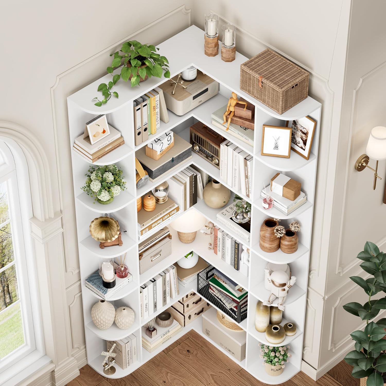 FOTOSOK 72' Tall Corner Bookshelf, 6-Tier Bookshelf and Bookcase with Open Storage, L Shaped Tall Bookcases Wooden Storage Shelves for Home Office, Thickened Boards for Better Load Bearing, White