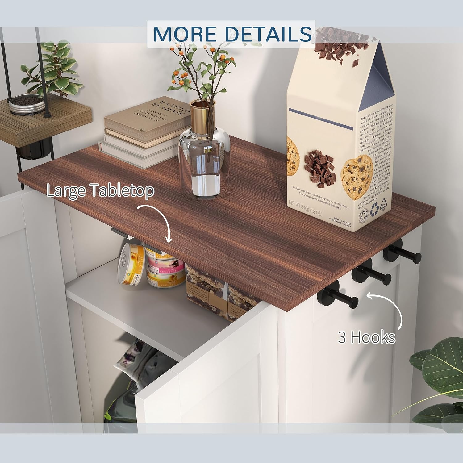 PawHut Pet Feeding Station, Elevated Dog Bowls, Dog Food Storage Cabinet with Hidden Bowls, Adjustable Panel, Hooks for Medium Sized Breed, White