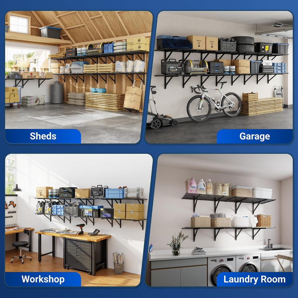 FLEXIMOUNTS 2x6ft Heavy Duty Garage Storage Wall Shelving, 1600lbs Load Capacity, 2 Pack Wall Mounted Storage Rack, 24x75 inch Rack Floating Shelves for Garage Organization, Snap Assembly, Pro Series