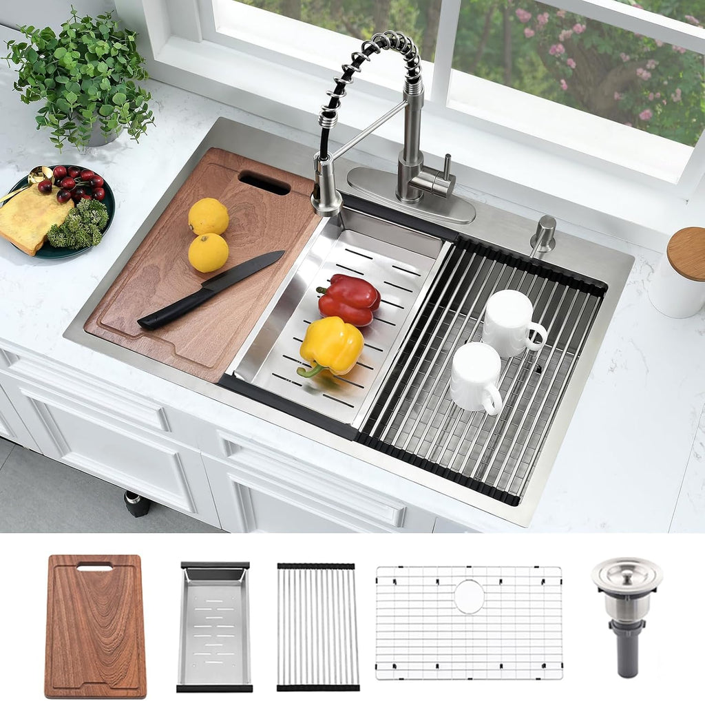 33x19 Drop In Kitchen Sink Workstation-Bokaiya 33 Inch Stainless Steel Top Mount Kitchen Sink 16 Gauge Single Bowl Drop In Sink with Cutting Board