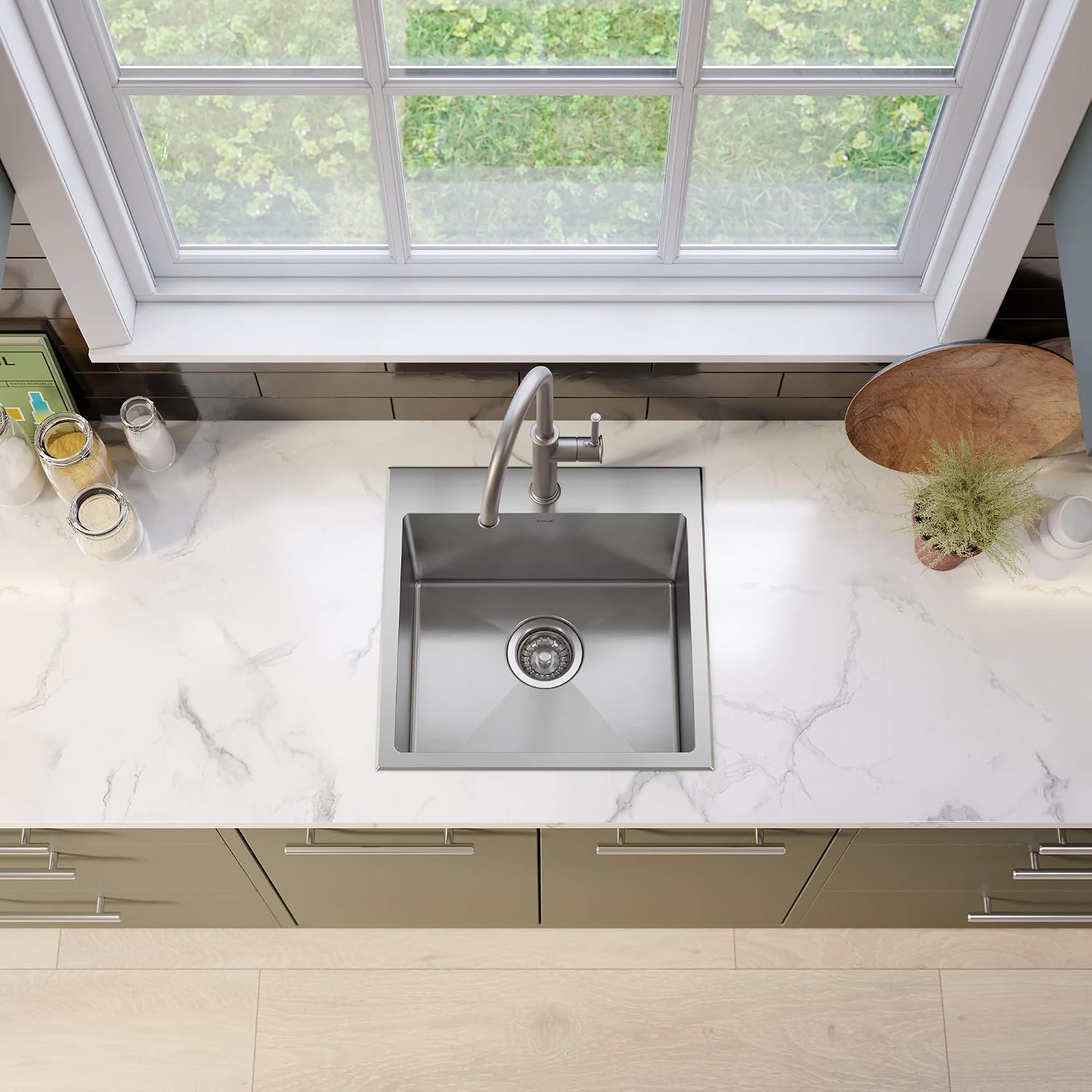 KRAUS 18 x 18 inch Standart PRO™ Drop-In Top Mount 16 Gauge Single Bowl 1-Hole Stainless Steel Kitchen Sink Set (5 Item Bundle: Sink, Bottom Grid, Drain Assembly, Drain Cap, Kitchen Towel), KHT301-18