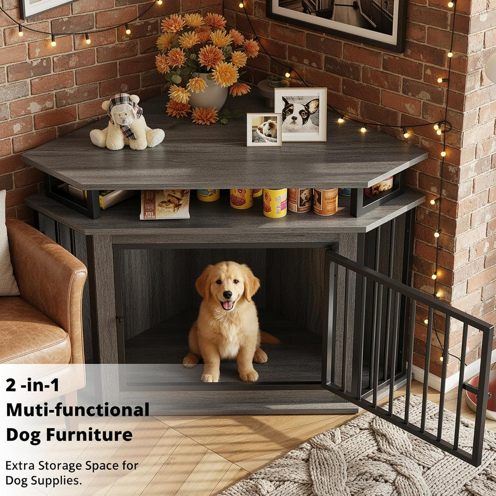 IRONCK 43.3' Corner Dog Crate with 2-Tier Shelves, Wooden Dog Kennel Furniture for TV Stand, Dog Cage Indoor for Small and Medium Dogs, Gray (23.6' L x 43.3' W x 32' H)