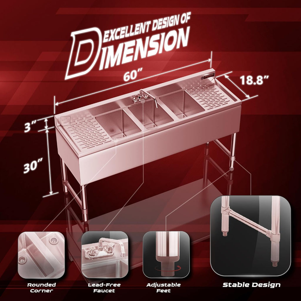 DuraSteel 3 Compartment Under Bar Sink - CEC & NSF 304 Stainless Steel 3 Bay Utility Sink with No Lead Faucet - 60' L x 19' W x 33' H - Double Drainboard Commercial Restaurant Grade
