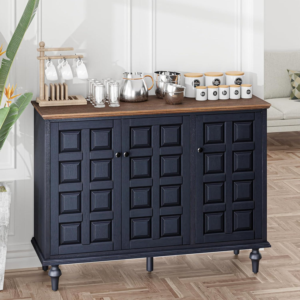 Aoikax Retro 3 Door Storage Cabinet with Plaid Pattern Front, Rustic Side Table for Bedroom, Living Room, Handles, Four Shelves, Pine Wood, Natural Wood, Dark Blue