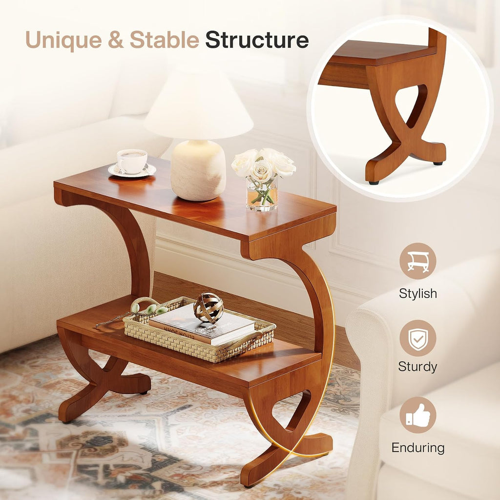 Tribesigns 2pcs Wood End Table, 2-Tier Modern Side Table with Storage Shelves and Curved Crossed Legs, Slim Nightstand for Living Room, Bedroom, Easy Assembly, Walnut Color (2)
