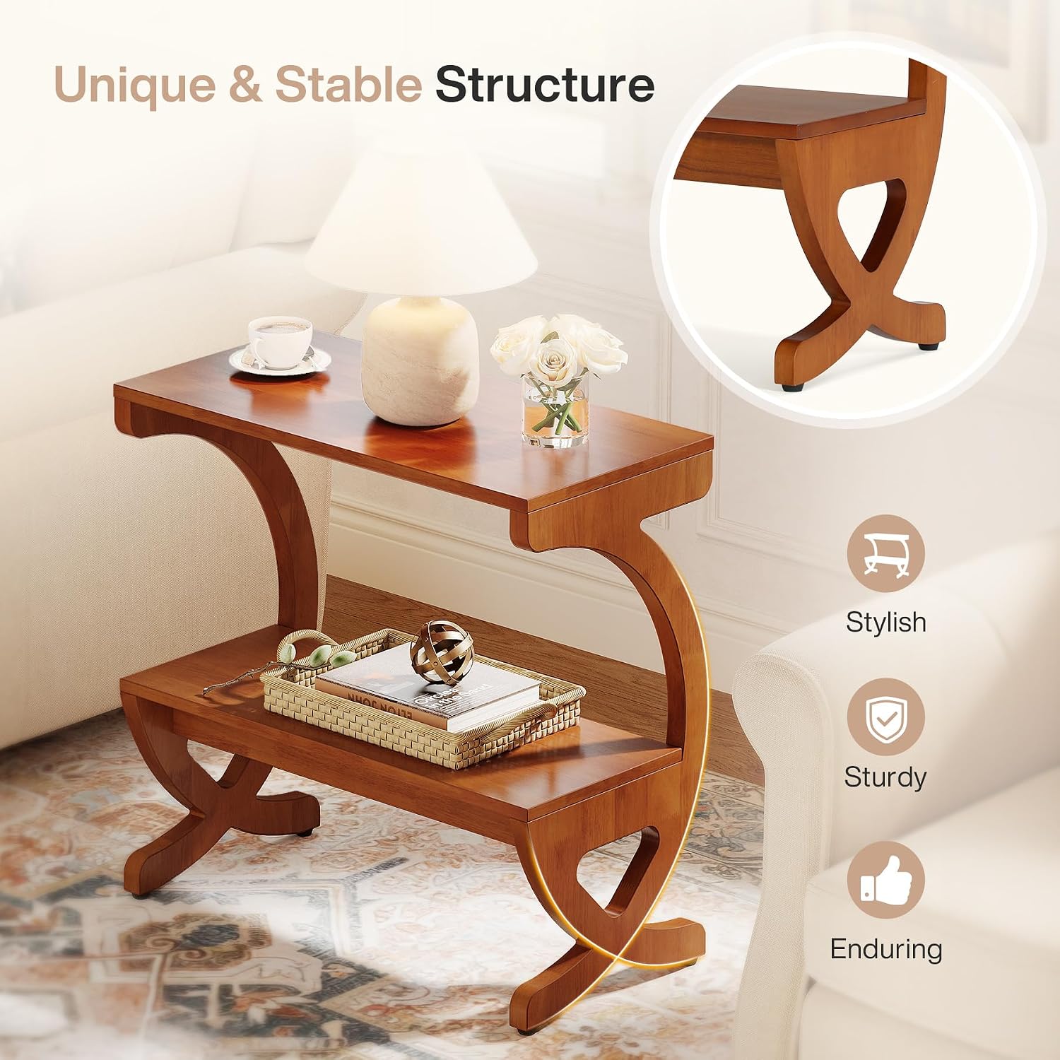 Tribesigns 2pcs Wood End Table, 2-Tier Modern Side Table with Storage Shelves and Curved Crossed Legs, Slim Nightstand for Living Room, Bedroom, Easy Assembly, Walnut Color (2)