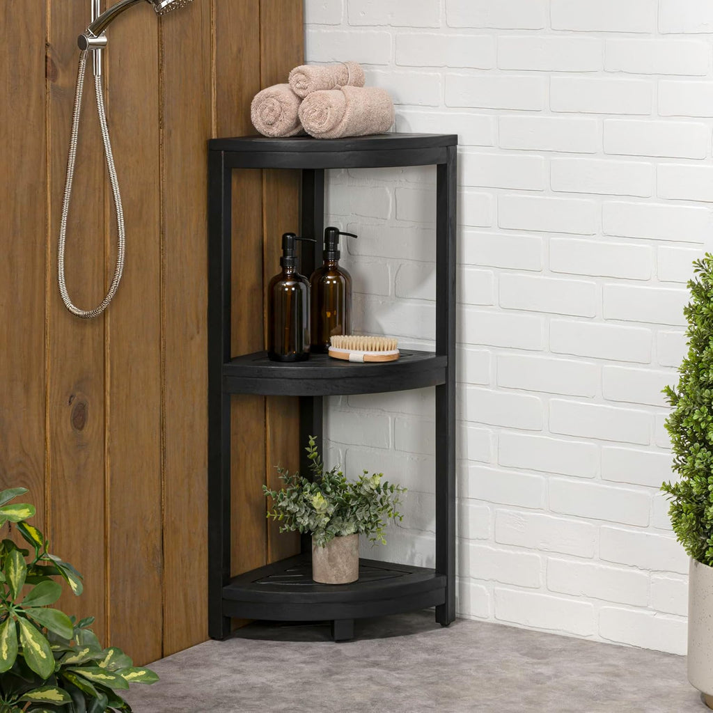 happimess SHF1000B Sela 33' Classic Minimalist 3-Tier Acacia Wood Freestanding Bathroom Corner Shelf, Shower Organizer, Storage Rack for Bath, Office, Kitchen Desktop, Black