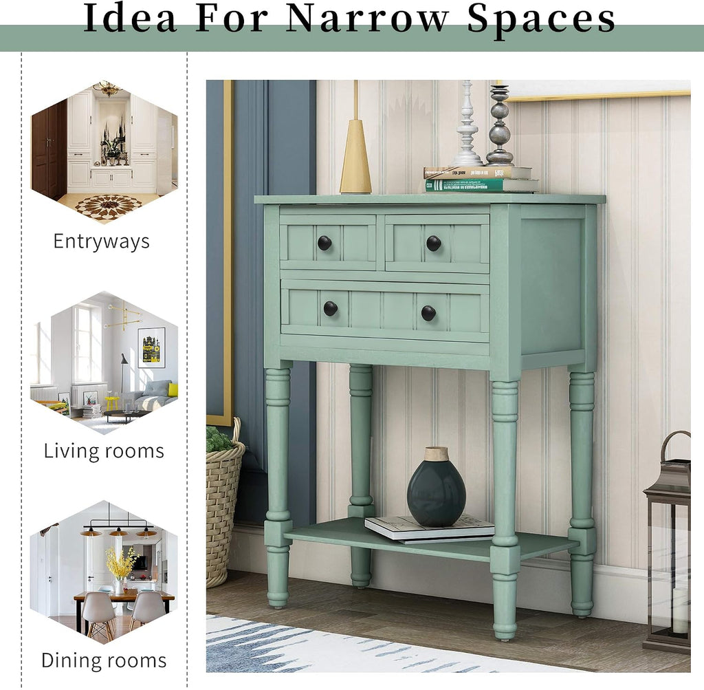 P PURLOVE Narrow Console Table, Farmhouse Entryway Table Slim Sofa Table with Three Storage Drawers and Bottom Shelf, Wood Entry Table for Living Room, Easy Assembly (Retro Blue)
