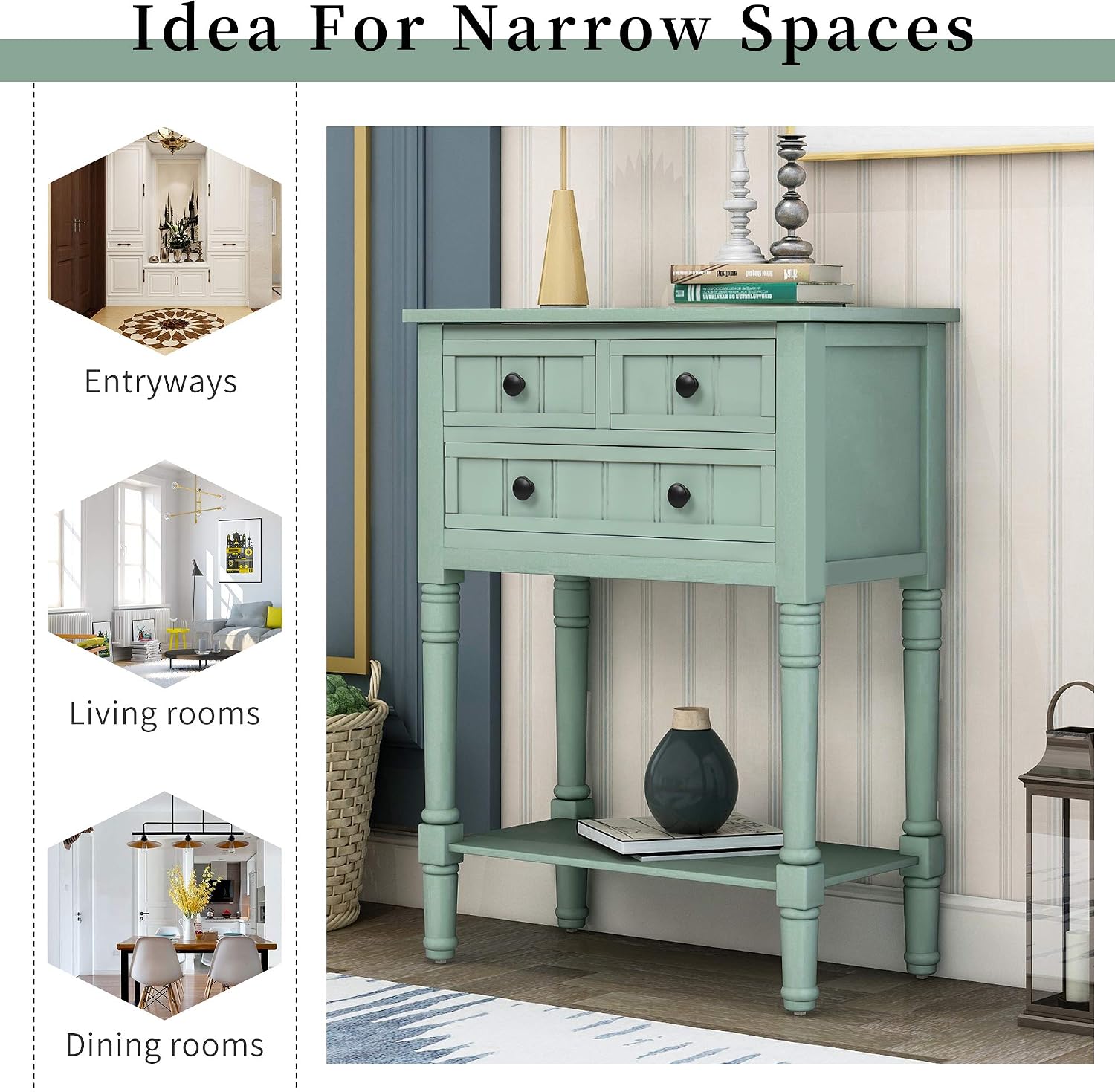 P PURLOVE Narrow Console Table, Farmhouse Entryway Table Slim Sofa Table with Three Storage Drawers and Bottom Shelf, Wood Entry Table for Living Room, Easy Assembly (Retro Blue)
