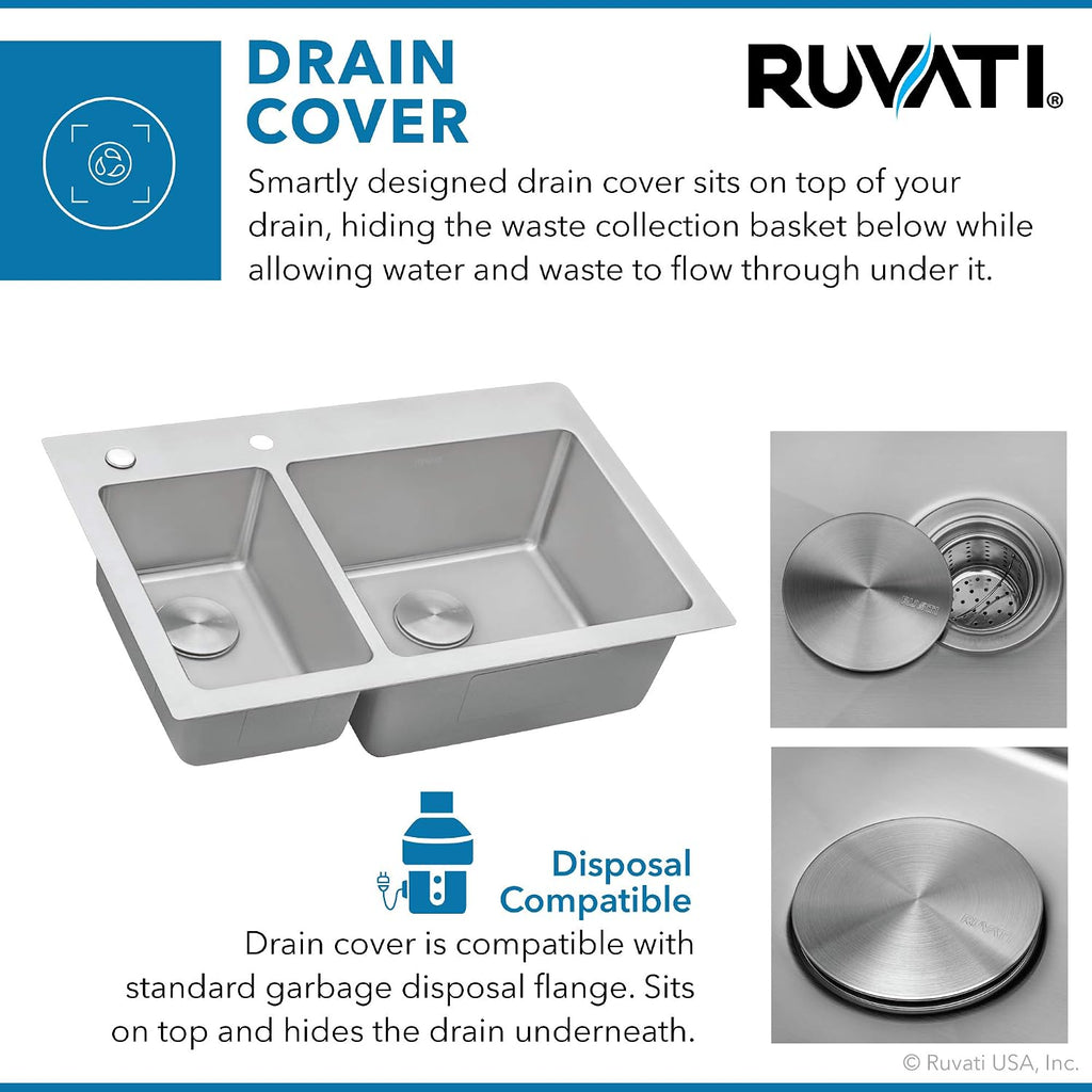 Ruvati 33 x 22 inch Drop-in Topmount Kitchen Sink - 16 Gauge Stainless Steel 30/70 Double Bowl Kitchen Sink with Brushed Finish hides scratches, Easy-to-Clean Drop-in kitchen Sink - RVM5176