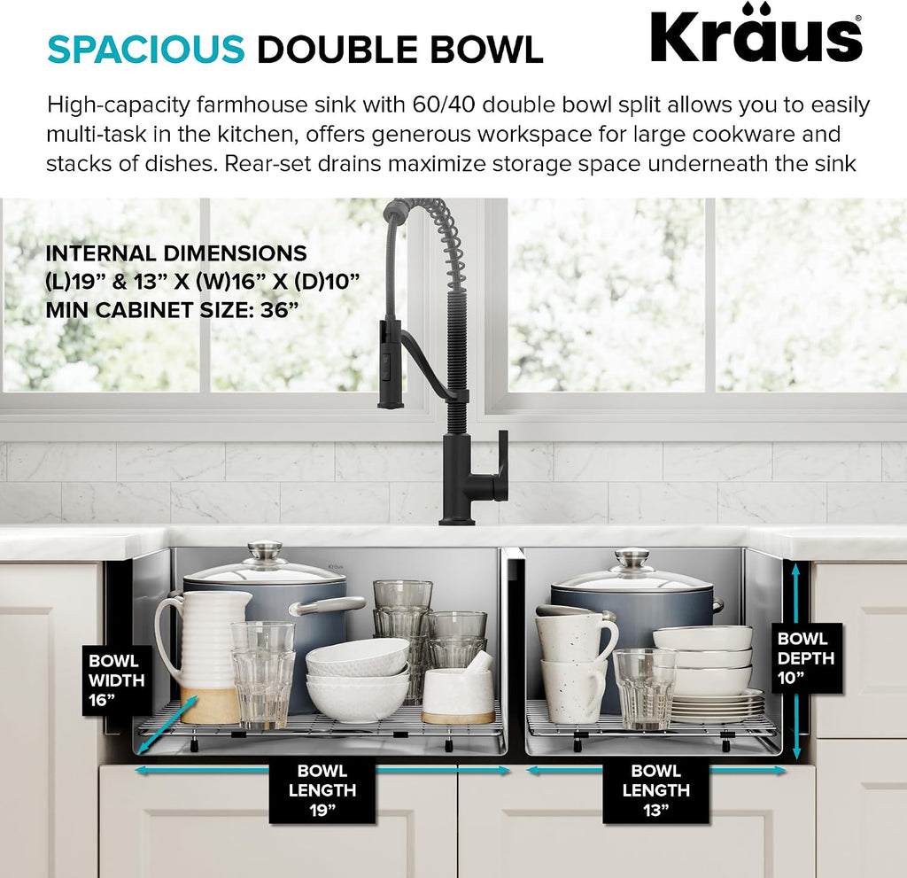 Kraus KHF203-36 Standart PRO Kitchen Stainless Steel Sink, 36 Inch Round Apron 60/40 Double Bowl