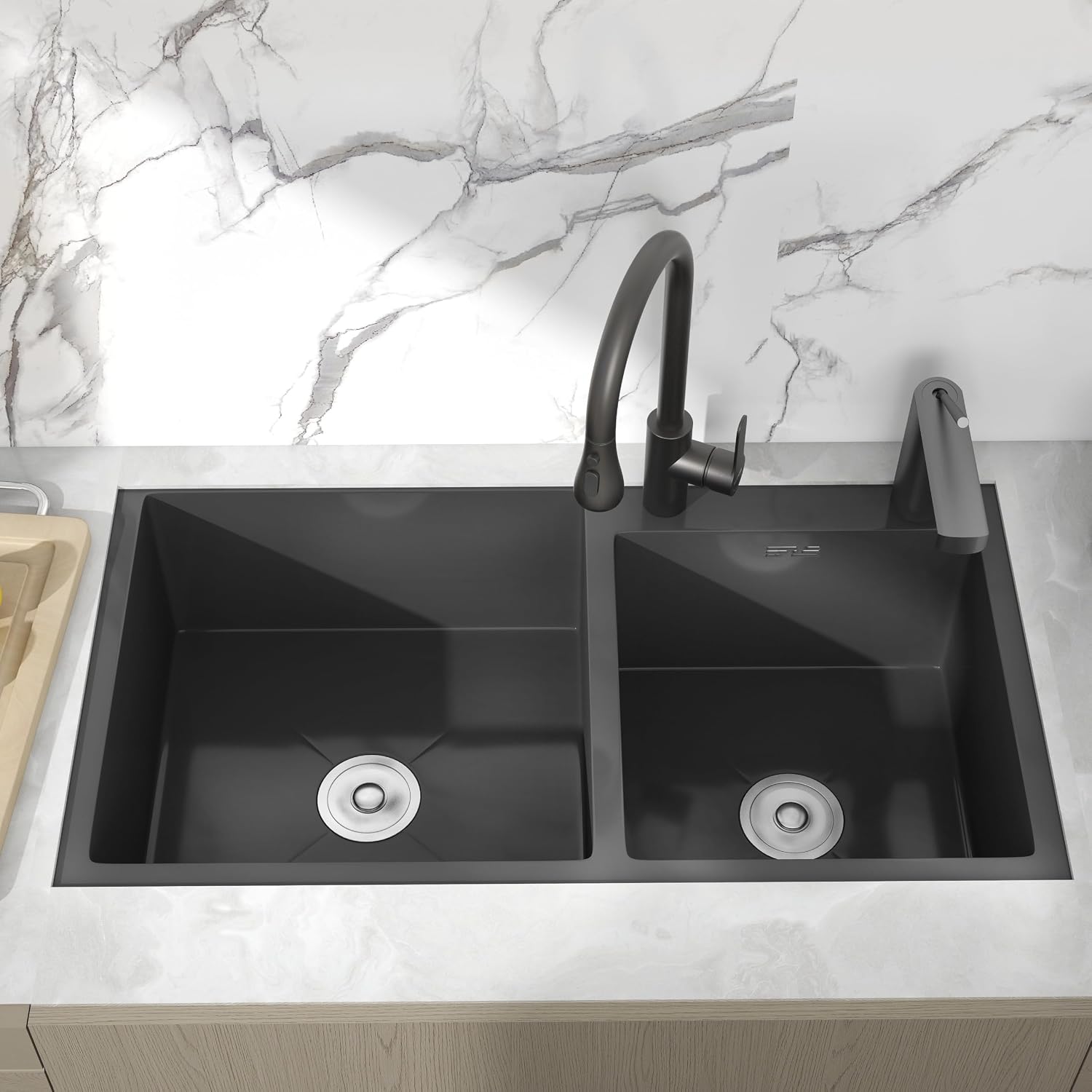KunMai 32' Black Double Bowl Kitchen Sink Stainless Steel Bar Sink Drop-In Kitchen Sink with Drain and Overflow