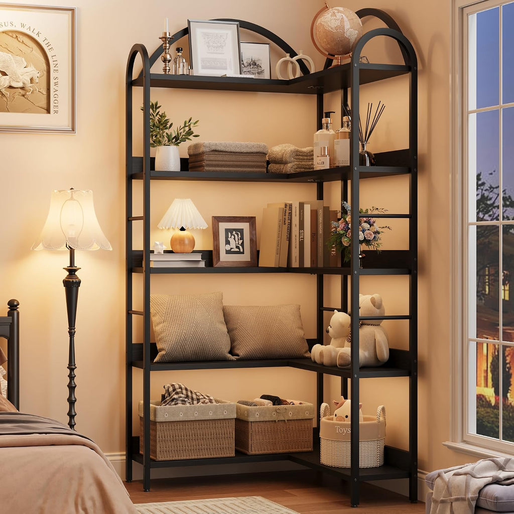 GarveeHome Arched Bookshelf Corner Bookcase, L Shaped Bookshelf Industrial Corner Bookshelves, Large Bookcase with Metal Frame, Corner Shelf Arch Display Rack for Living Room Bedroom