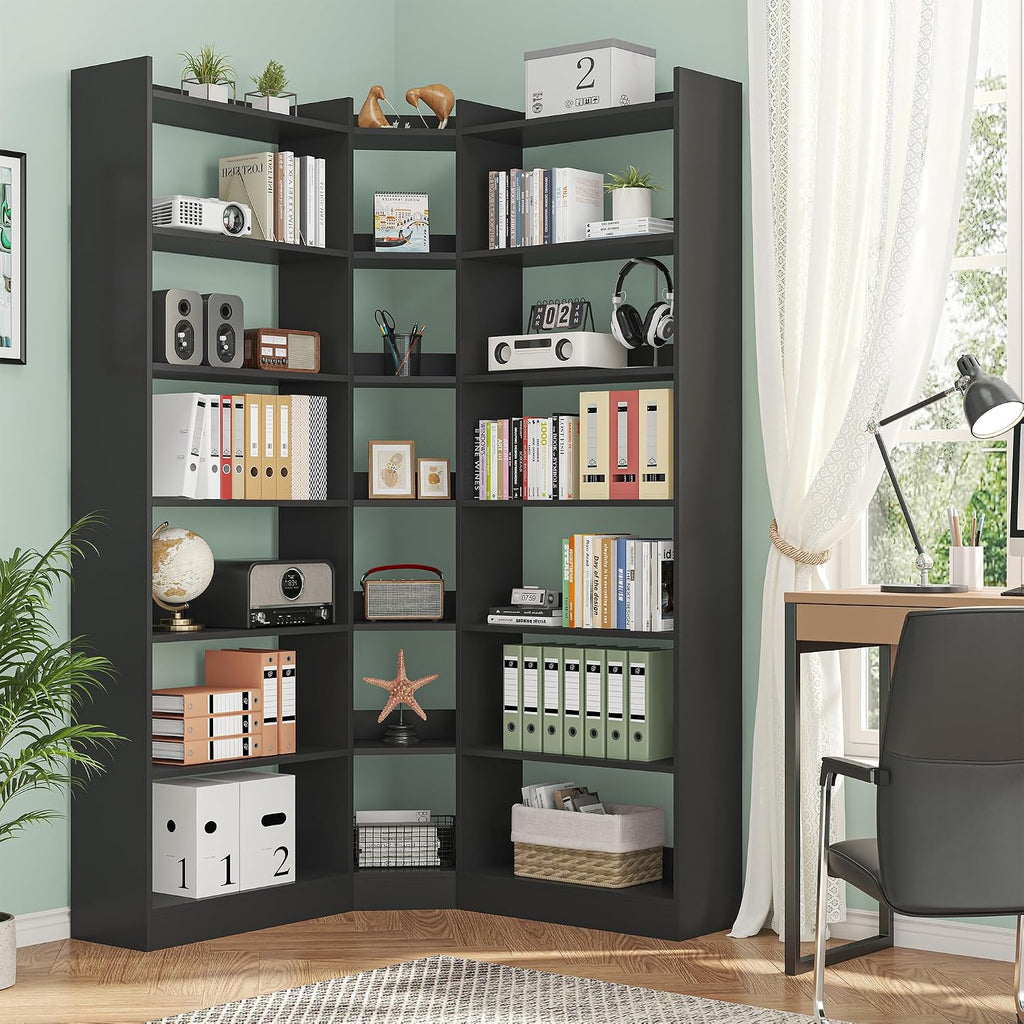 Nosepen 70.8' Tall Corner Bookshelf and Bookcases, 7 Tiers Morden Large Etagere Bookcases Storage Display Rack with Baffle, Industrial L-Shaped Bookshelves for Bedroom, Home Office, Living Room, Black