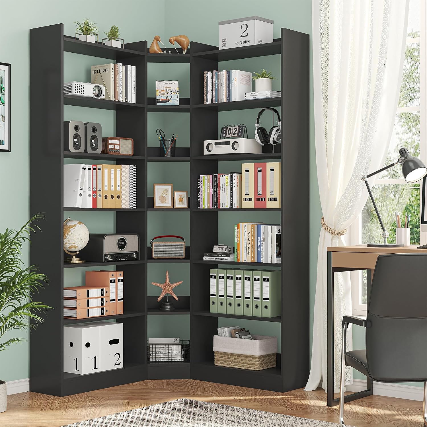 Nosepen 70.8' Tall Corner Bookshelf and Bookcases, 7 Tiers Morden Large Etagere Bookcases Storage Display Rack with Baffle, Industrial L-Shaped Bookshelves for Bedroom, Home Office, Living Room, Black