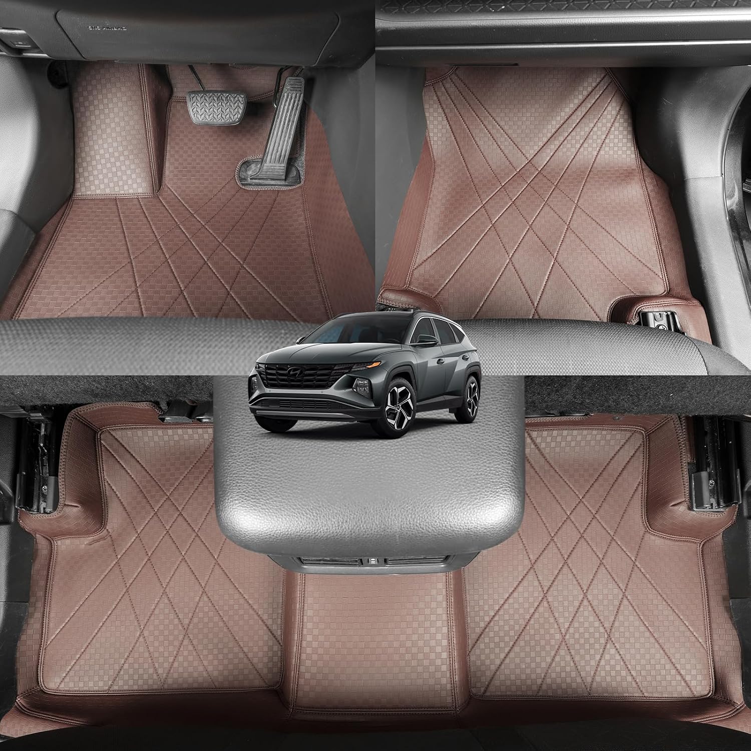 EKR Custom Floor Mats for Hyundai Tucson 2022-2026, Front & 2nd Row Luxury Car Floor Mat Fit Tucson 2022 2023 2024 2025 2026 - Leatherette Floor Liners(Brown)