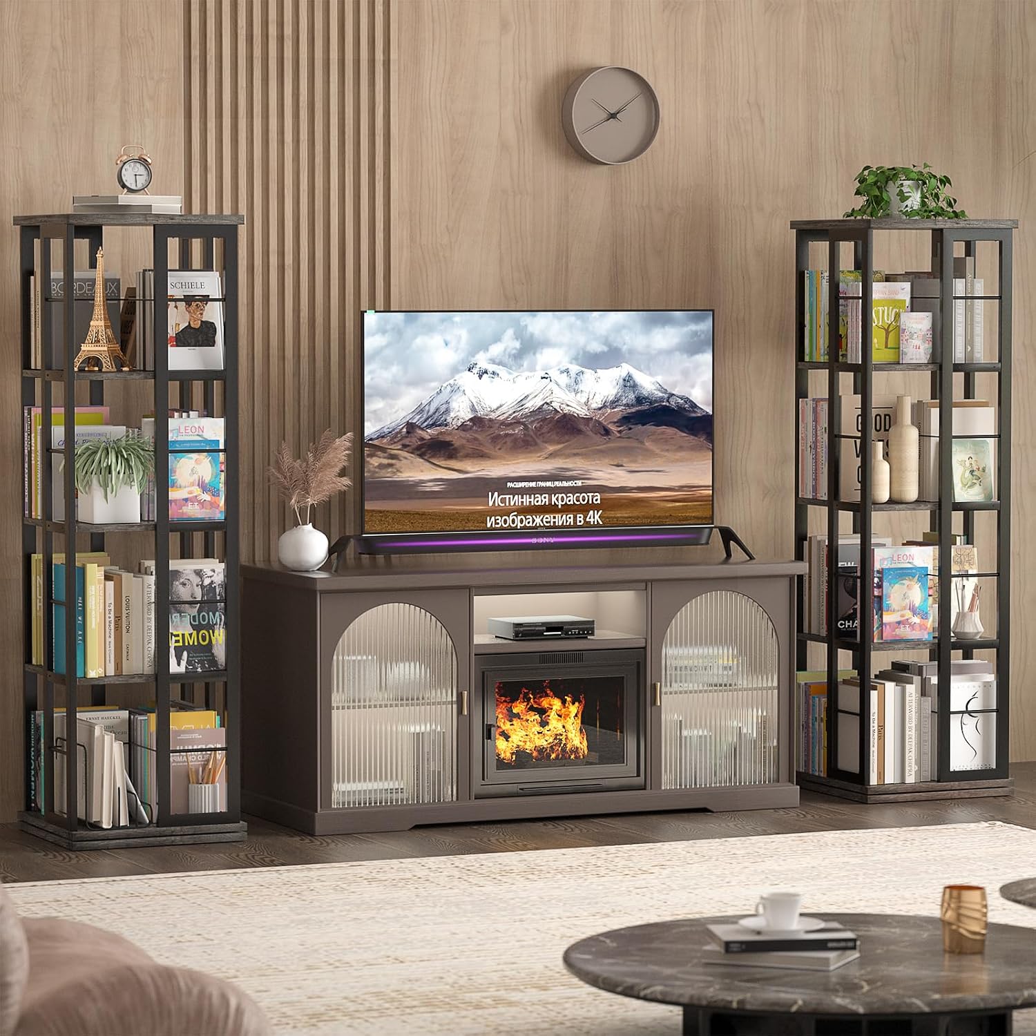 Aheaplus Rotating Bookshelf, 4-Tier Corner Bookshelf, 360 Display Wood Spinning Bookshelf, Floor Standing Bookcase Narrow Shelf Revolving Organizer Storage Rack for Small Space, Grey Oak