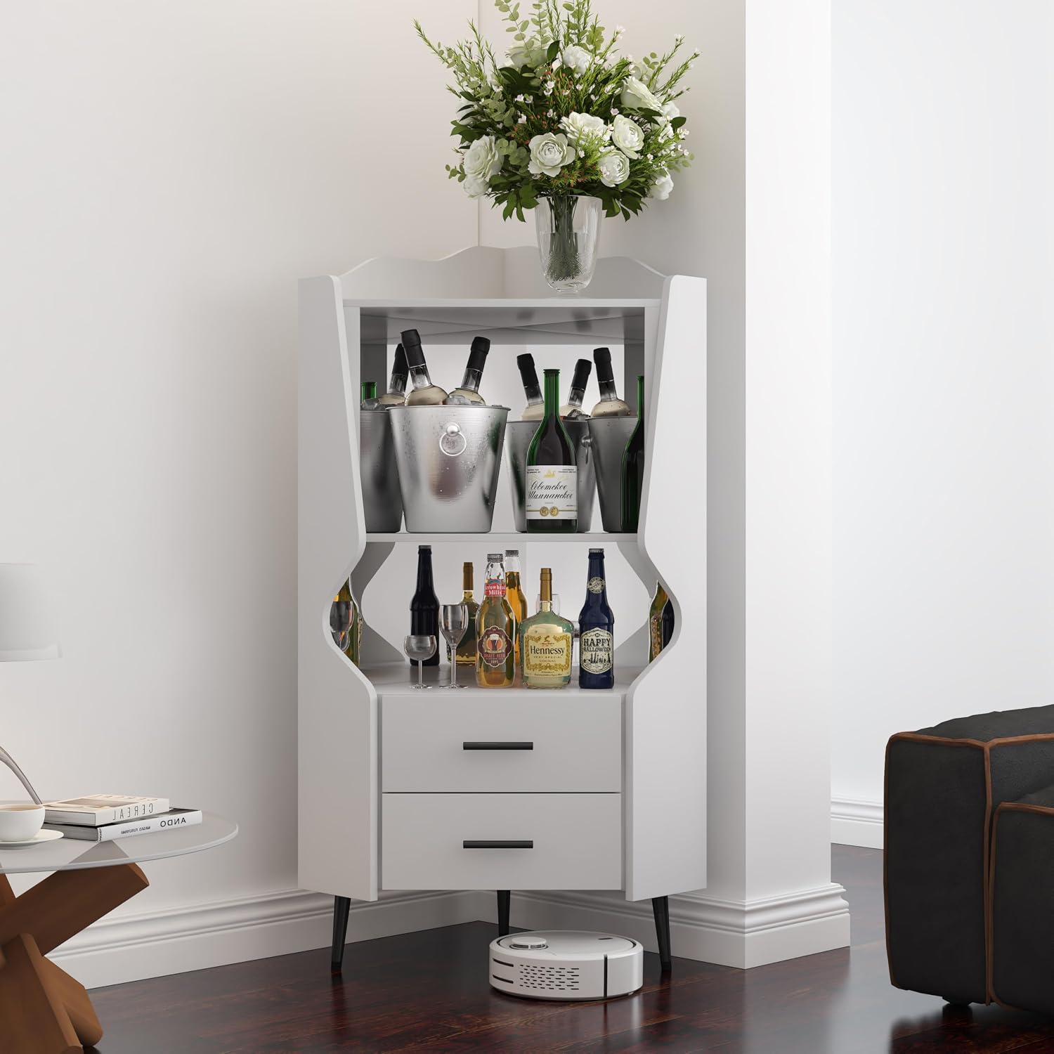 GDFStudio Wooden Corner Shelf Cabinet, Mirrored Back Coffee Bar Cabinets with Drawers & Open Storage, High Feet Corner Wine Rack Liquor Stand Kitchen Storage Cabinet for Living Room Dining Room, White