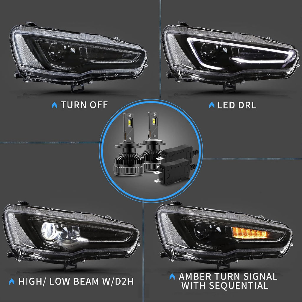 VLAND Projector Headlights + Led Bulbs Compatible with EVO X &Lancer 2008-2023 w/Sequential Indicator w/Smoke Lens Passenger+ Driver Sides+Bulbs(Smoke Lens+Led Bulbs)