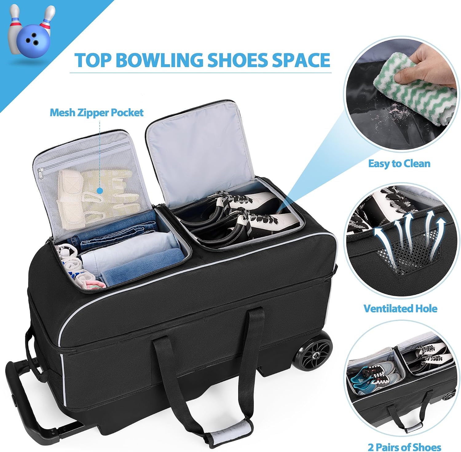 GOBUROS 3 Ball Roller Bowling Bag with Multi Accessory Pockets and Shoes Compartment, Fits 2 Pairs of Size 16 Shoes, 3 Ball Bowling Bags with Large Wheels and Retractable Handle Extends to 41.5'