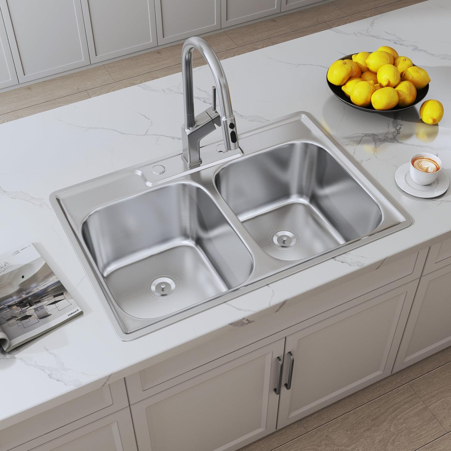 33x22 Drop In Double Bowl Kitchen Sink, 33 Inch Topmount 18 Gauge 304 Stainless Steel 50/50 Commercial Grade Kitchen Sinks, Three Holes with Strainer, 33' x 22' x 9'