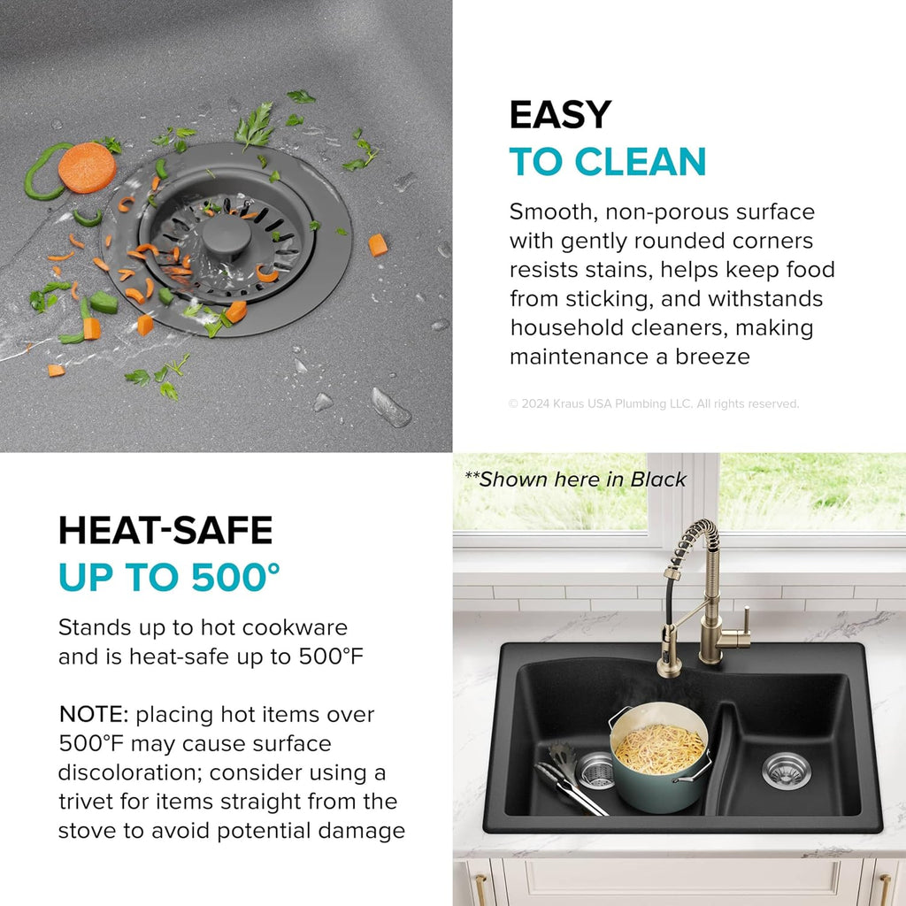 KRAUS Quarza 33-inch Drop-In/Undermount 60/40 Double Bowl Granite Kitchen Sink in Grey, KGD-442GREY