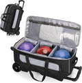 GOBUROS 3 Ball Roller Bowling Bag with Multi Accessory Pockets and Shoes Compartment, Fits 2 Pairs of Size 16 Shoes, 3 Ball Bowling Bags with Large Wheels and Retractable Handle Extends to 41.5'