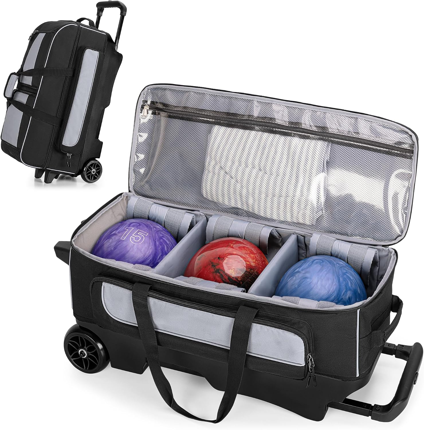 GOBUROS 3 Ball Roller Bowling Bag with Multi Accessory Pockets and Shoes Compartment, Fits 2 Pairs of Size 16 Shoes, 3 Ball Bowling Bags with Large Wheels and Retractable Handle Extends to 41.5'