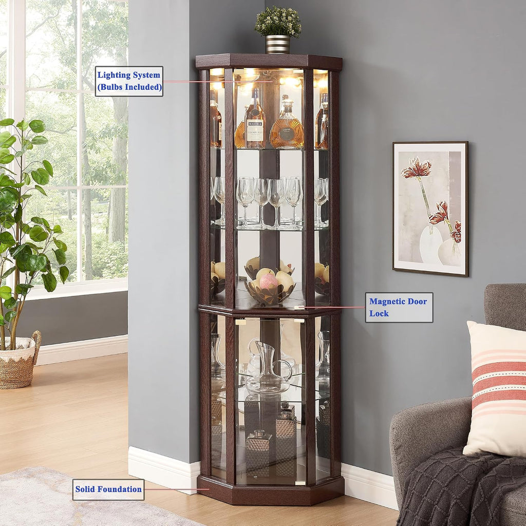 69' H Lighted Corner Display Cabinet, Curio Corner Glass Cabinet w/Adjustable Shelves & Glass Door, 5-Tier Wooden Storage Display Case w/Mirrored Back Pane for Living Room